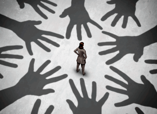 Illustration of female surrounded by shadowy male hands